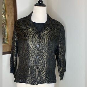 Vtg CTC Carol Turner Black Gold Metallic Jacquard Jacket Blouse 3/4 Sleeve Small